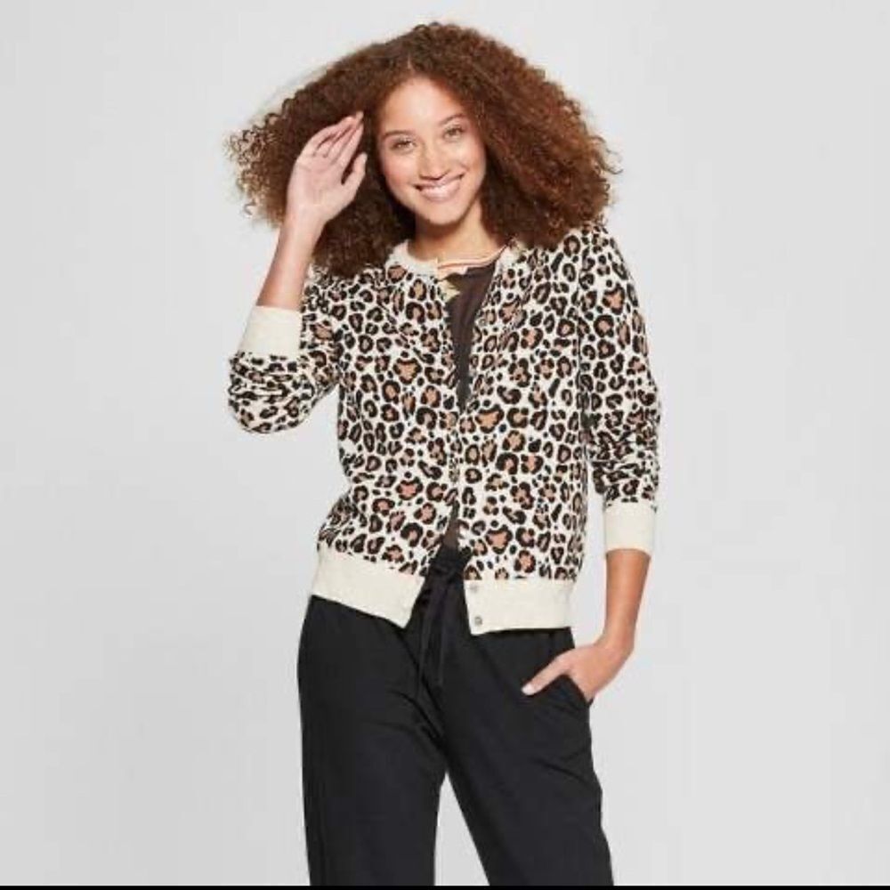a new day Brown and Cream Cardigan Sweater with Animal Print